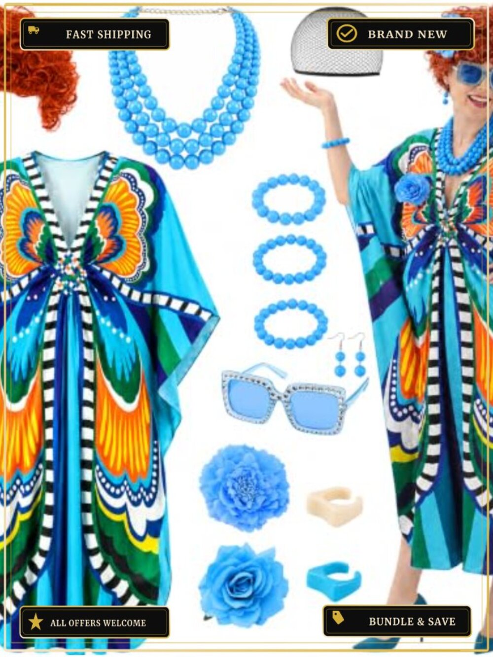 Women Landlady Halloween Costume Caftan Dress Curly Wig Jewelry Sunglasses